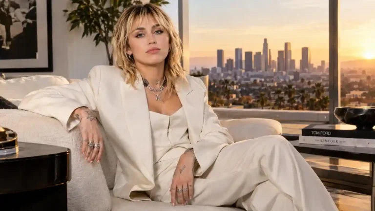 Miley Cyrus sitting in a luxury penthouse representing her estimated 160 million dollar net worth in 2025.