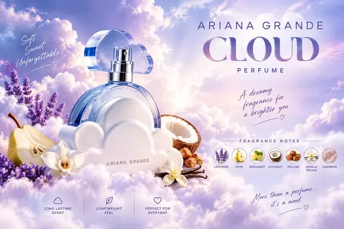 Ariana Grande Cloud perfume bottle with dreamy clouds and fragrance notes