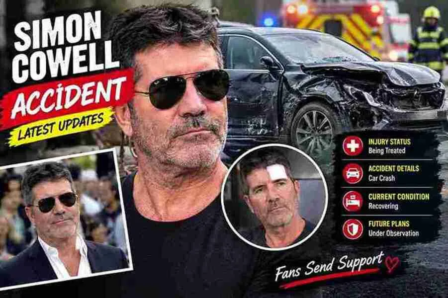 Simon Cowell accident news feature graphic with a dramatic automotive background