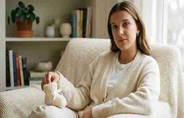 Conceptual domestic portrait of Millie Bobby Brown looking relaxed while holding a small symbolic baby bootie, addressing the 'Millie Bobby Brown baby' search term.
