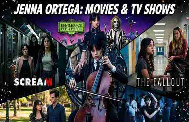 Jenna Ortega portrait highlighting notable roles across her top movies and TV shows including Wednesday and Scream