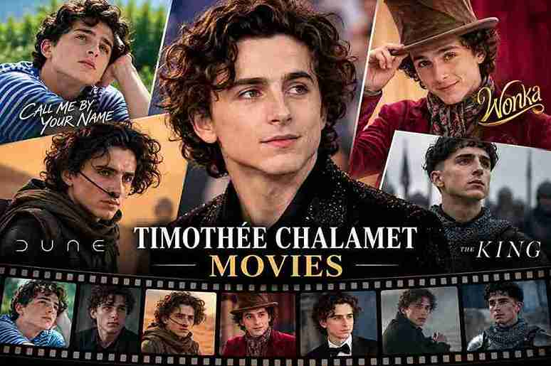 Timothee Chalamet movie collage featuring Dune, Wonka, Call Me by Your Name, and The King