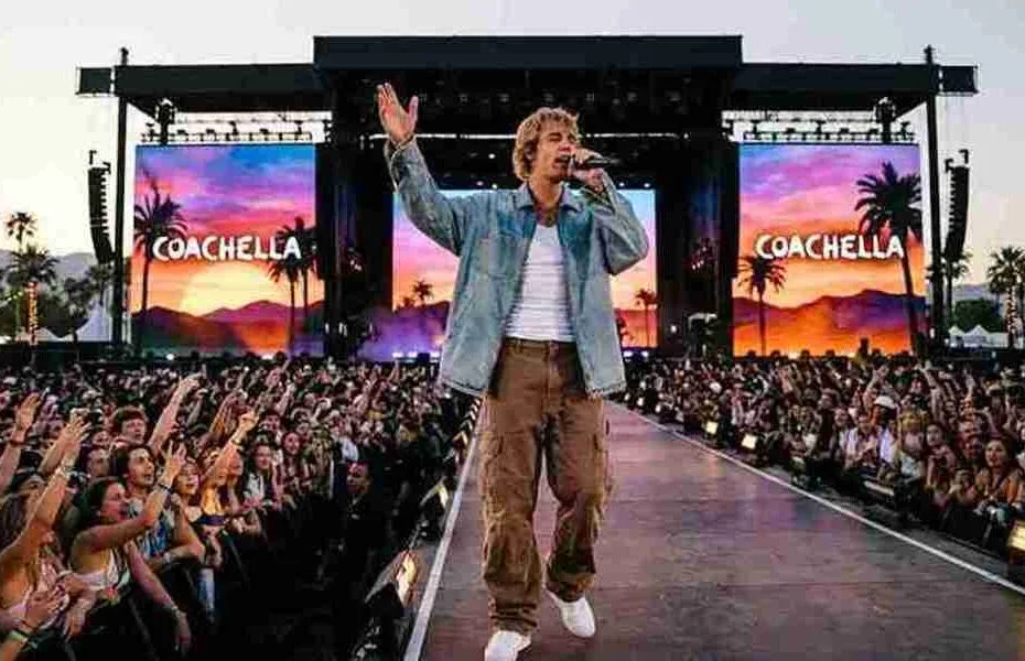 Justin Bieber performing live on stage at the Coachella Music Festival.