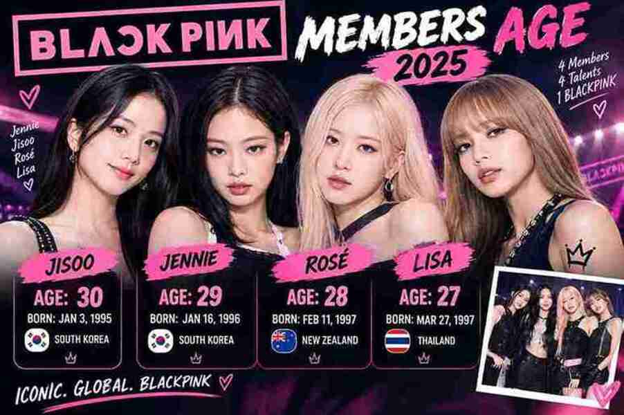 BLACKPINK members Jisoo, Jennie, Rosé, and Lisa with their ages in 2025